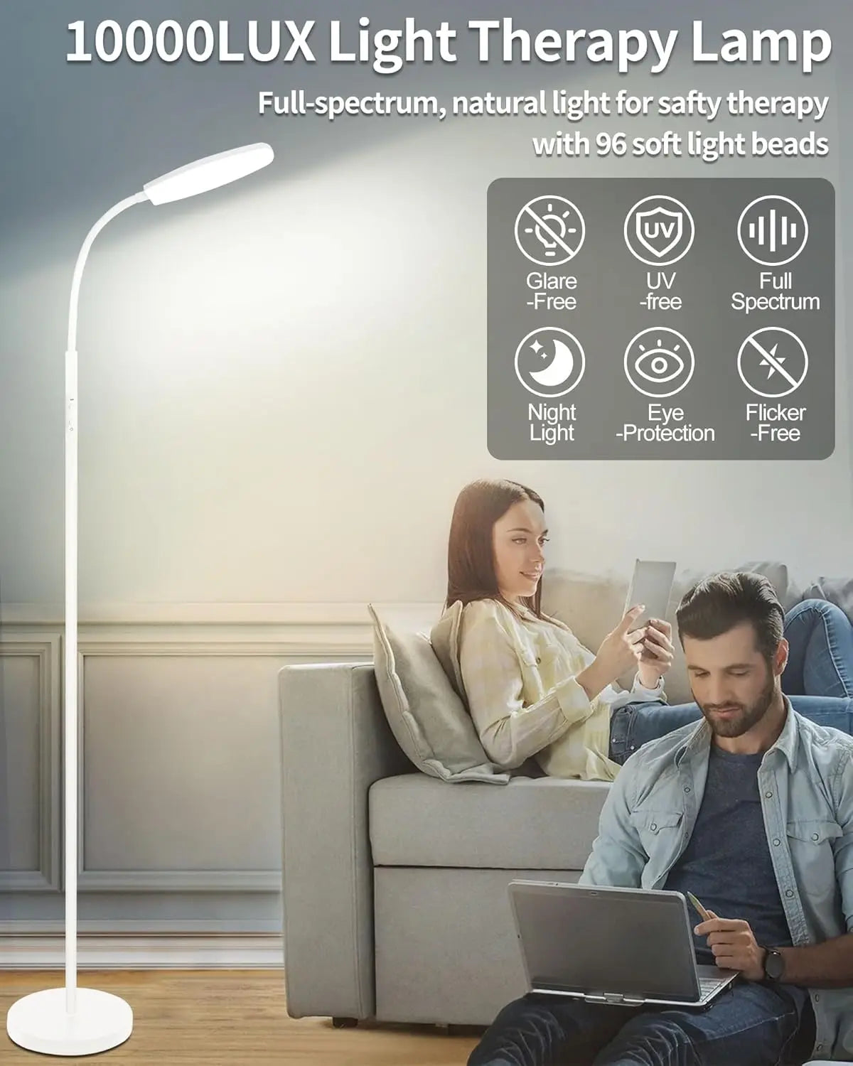 10000 Lux UV-Free Light Therapy Lamp with Remote, Adjustable Color & Brightness for Better Sleep & Mood