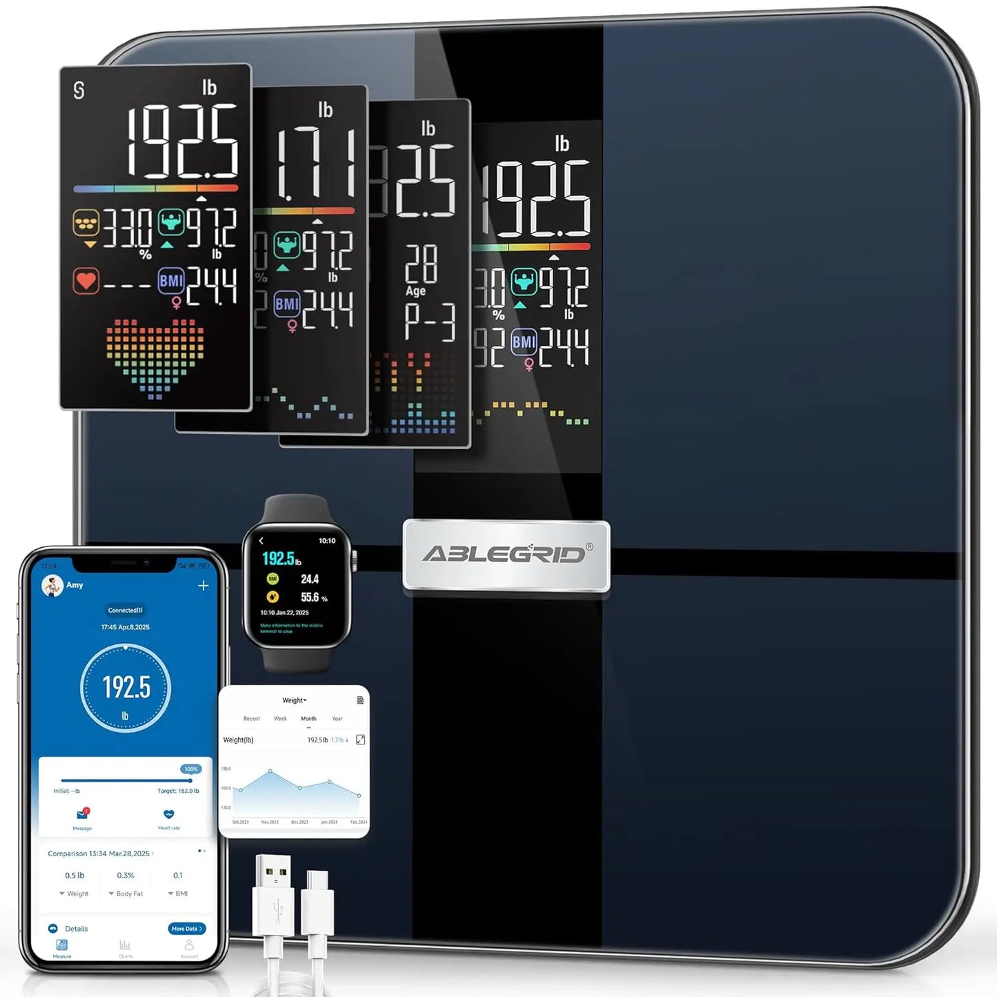 Smart Rechargeable Body Fat Scale with 22 Health Metrics, Heart Rate Monitor, 400lb Capacity