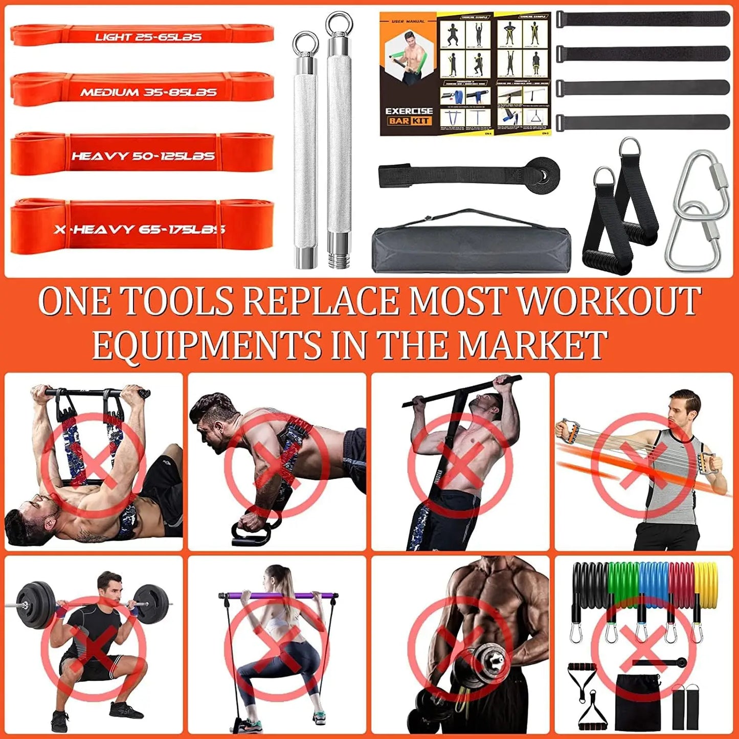Heavy-Duty Resistance Band Bar Set with 500LB Capacity, 4 Stackable Bands & Door Anchor for Full Body Home Workouts