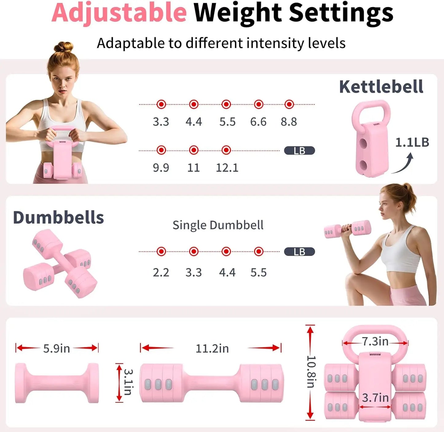 Adjustable Dumbbells Set with Kettlebell, 4 Weight Levels 2.2-5.5lb Each for Home Gym Training