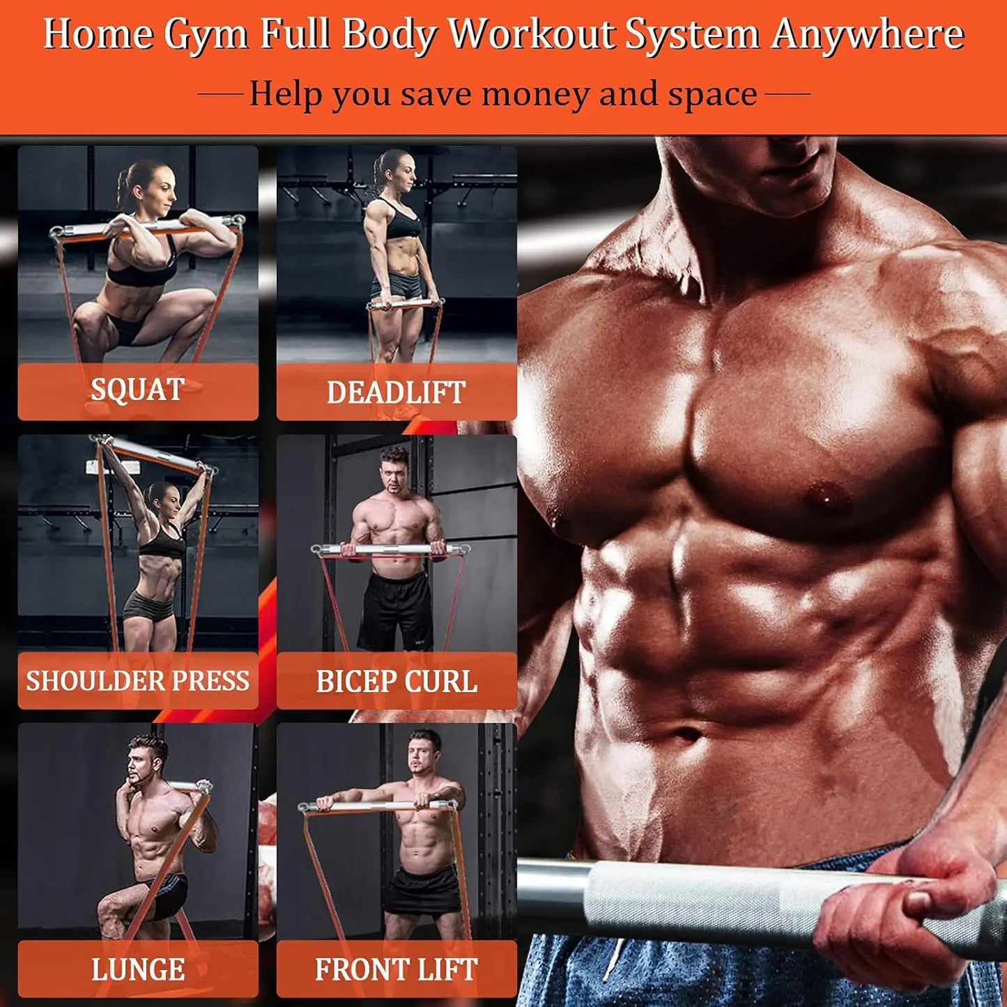 Heavy-Duty Resistance Band Bar Set with 500LB Capacity, 4 Stackable Bands & Door Anchor for Full Body Home Workouts